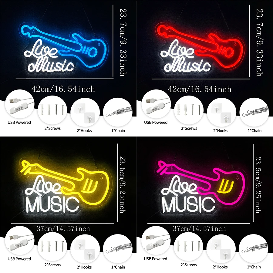 Live Music Led Neon Sign, Guitar Icon Guitarist'S Best Gift, Suitable For Bedroom Home Music Studio Live Music Bar Club Decor.