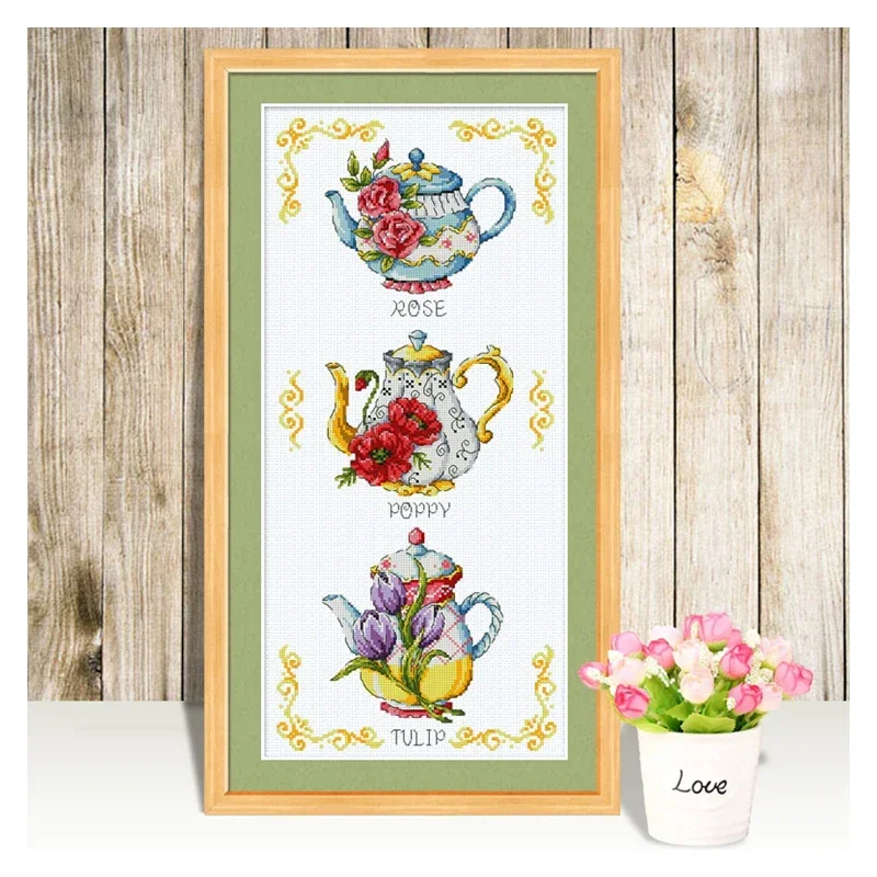 Amishop Gold Collection Lovely Counted Cross Stitch Kit Flower Teapot Cake Rose Poppy Tulipan Teapots SO G87