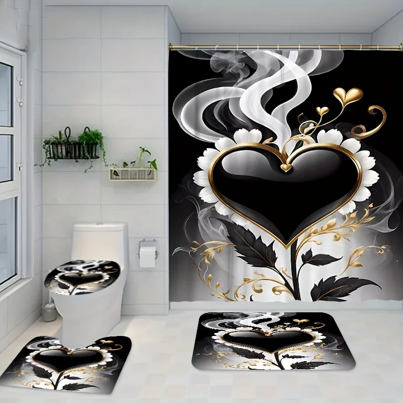 1/3/4pcs Heart Floral Print Bathroom Essentials Set: Waterproof Shower Curtain with Free Hooks, Non-Slip Rug, Toilet Lid Mat, an