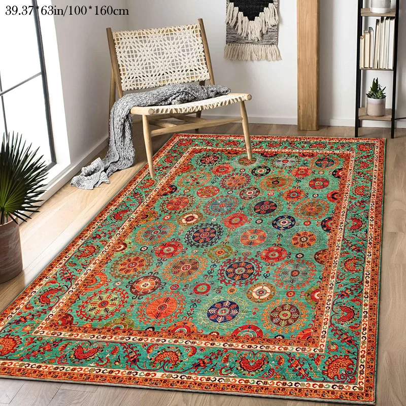 VIKAMA Vintage Oriental Floral Area Rug Green‑based Ethnic Mandala Pattern Multi‑size Optional Non‑slip Living‑room Decor Floor