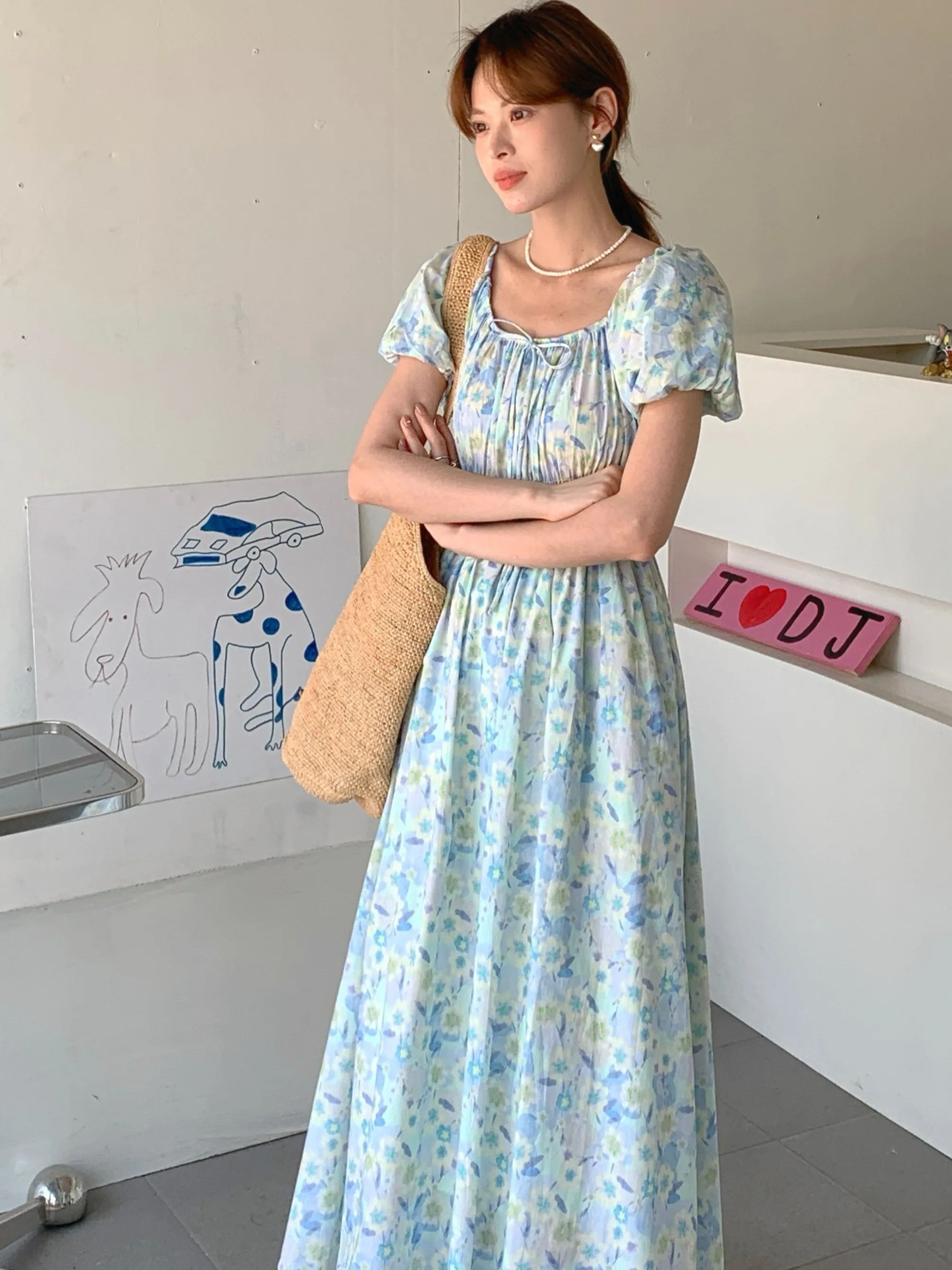 Retro Romantic Pleated Bubble Sve Dr Women's Summer New Waist-Cinching Slimming Tea Break Long Dr Commute Sle Squa...