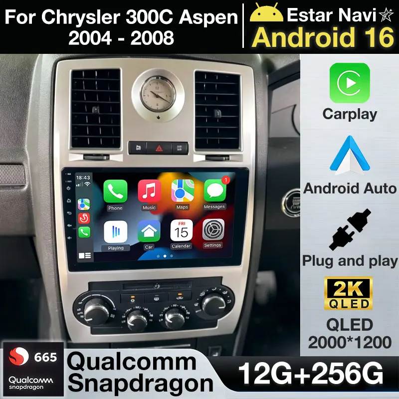 Reproductor Multimedia Android 16 Carplay para Chrysler 300C Aspen 2004-2008, Estéreo, Navegador GPS QLED, Unidad Principal con Bluetooth, Carplay 2din, DSP