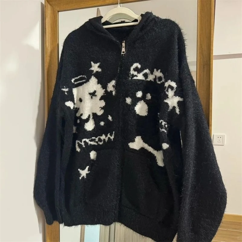 

Y2k Harajuku готический женский вязаный кардиган с капюшоном на молнии в стиле пэчворк японские модные свитера тонкий Gyaru гранж осень