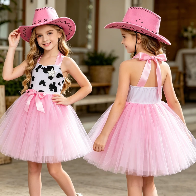 Mädchen Rosa Western Cowboy Mesh Puffrock-Set Mädchen Cosplay Kostüm Kuhfell-Print Prinzessinnenrock, Kinder Halloween Partykleid