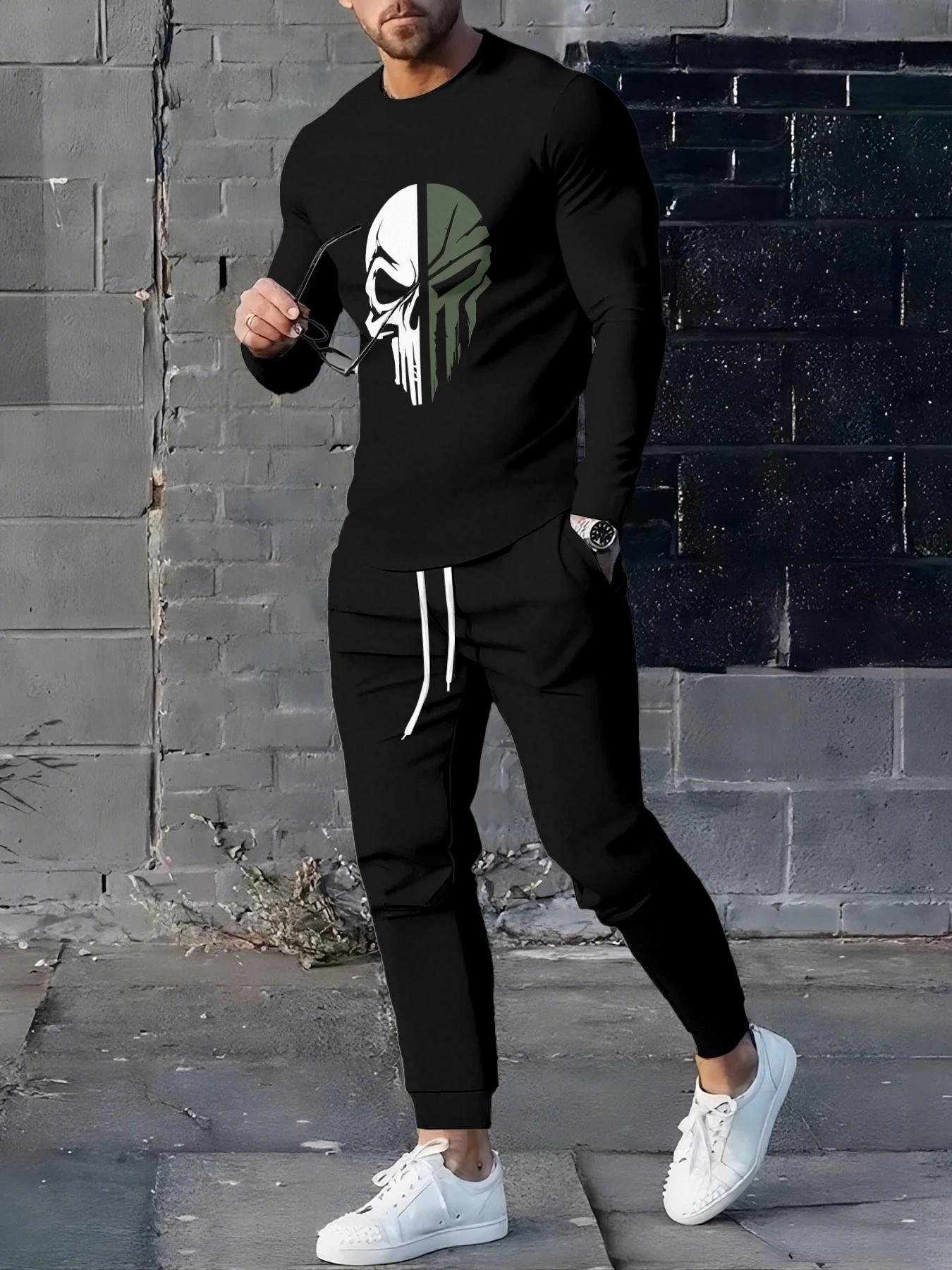 

New men's long sleeves and long pants for Spring and Autumn 2025 casual and fashionable streetwear with skull prints