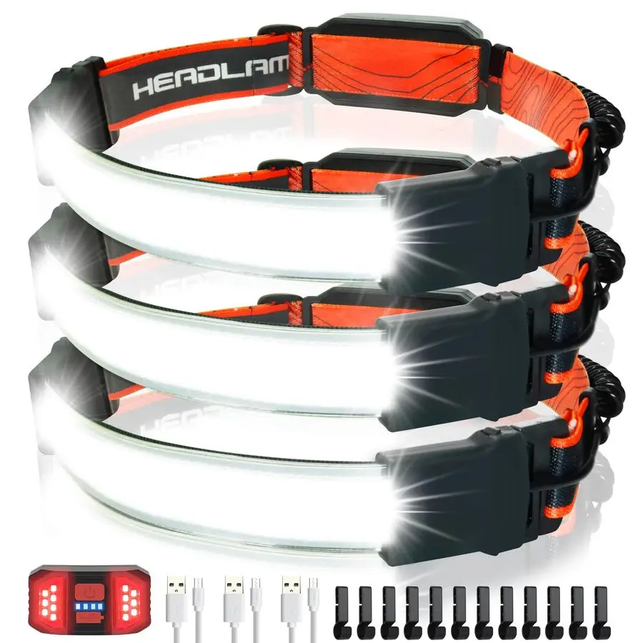 

Перезаряжаемые налобные фонари LED (3 шт.) с широким лучом, яркие, 1200 лм, легкие, регулируемые, с красным задним фонарем