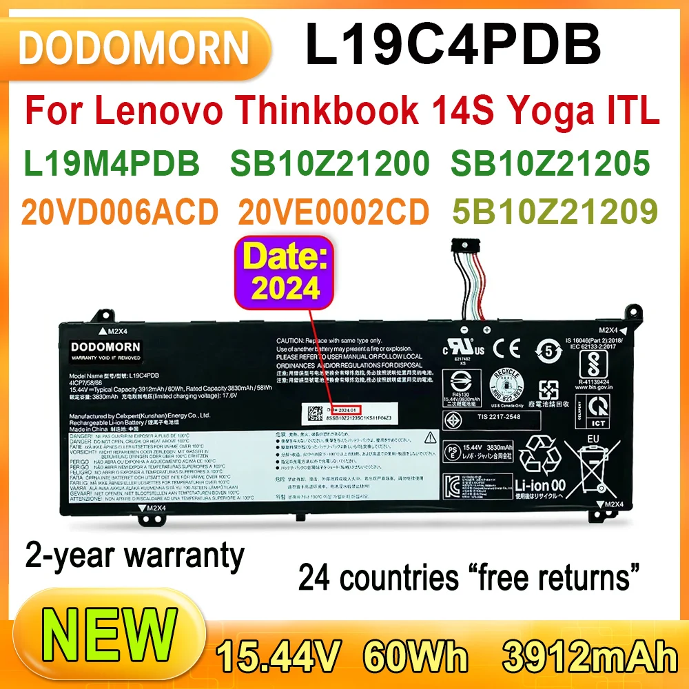 Laptop Battery L19C4PDB  For Lenovo Thinkbook 14S Yoga ITL Series 20VD006ACD 20VD0007CD 20VD0008CD 20VE0002CD 20VE0057CD 15.44V