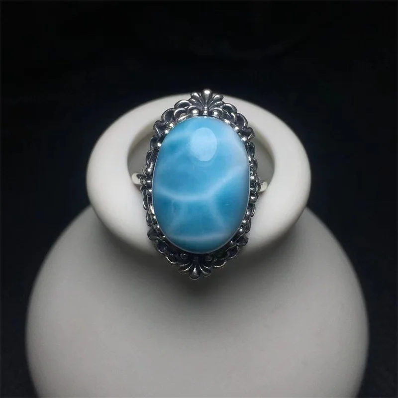 

S925 Natural Larimar Rings Crystal Healing Stone Fashion Gemstone Jewelry For Women Birthday Present Gift 1pcs