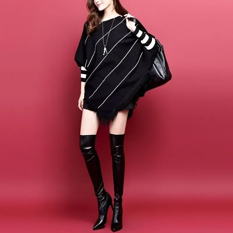 Stripe Irregular Women's Knit Sweater Loose Black Ladies Pullovers Korean Style Autumn Harajuku Attractive Hot Sale Winter Trend