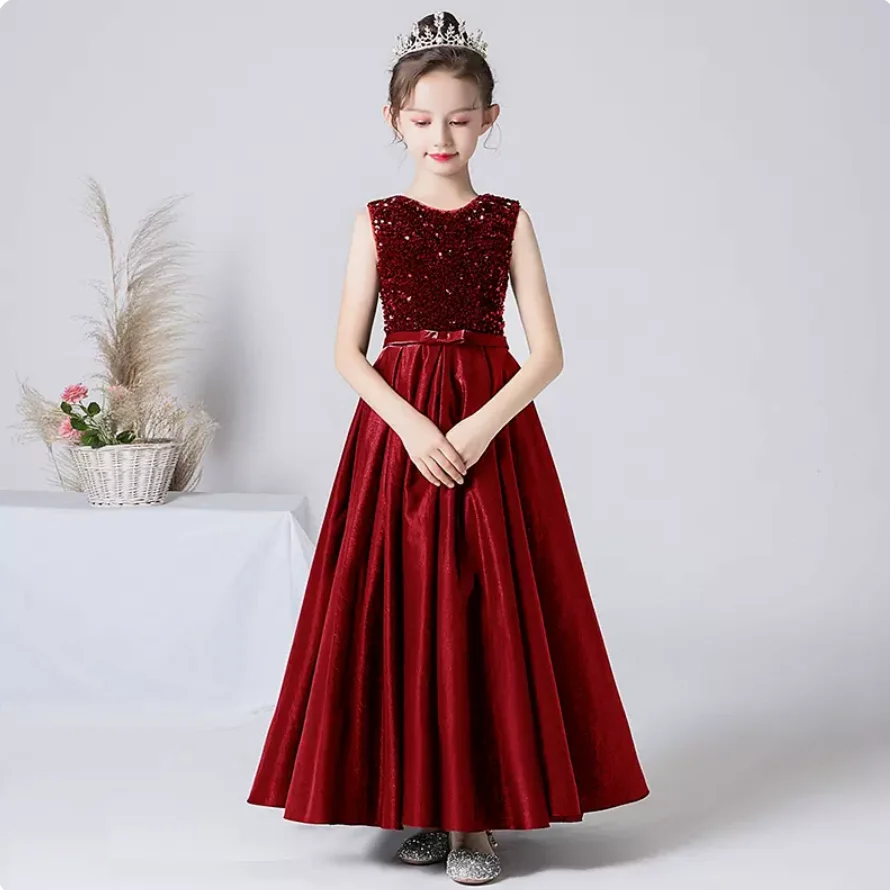 Robe en satin à paillettes pour filles, robe à fleurs personnalisée pour anniversaire, fête de Noël, ligne A, fibre junior, banquet interdit