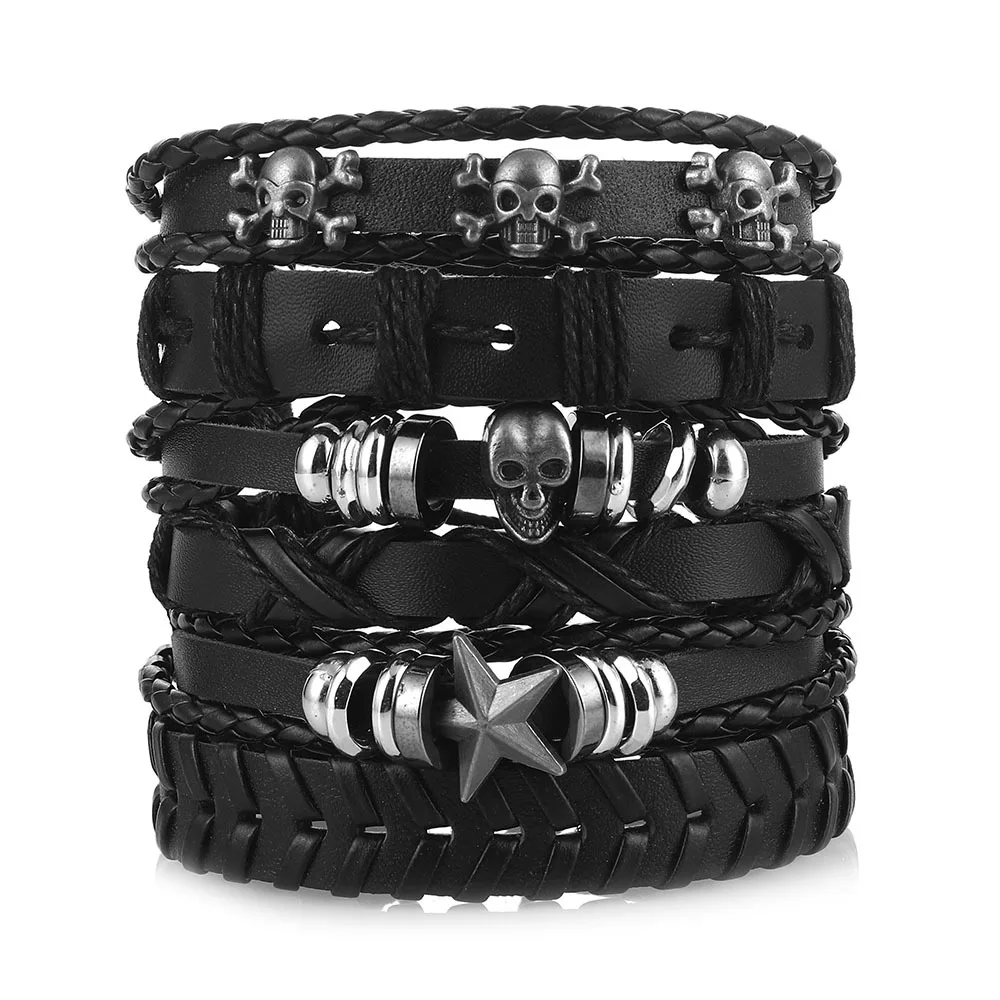 Fashion Bracelet Viking  Bracelet For Men Hand Bracelets Woven Skull Hand Jewelry Adjustable Leather Set Bracelet For Leather