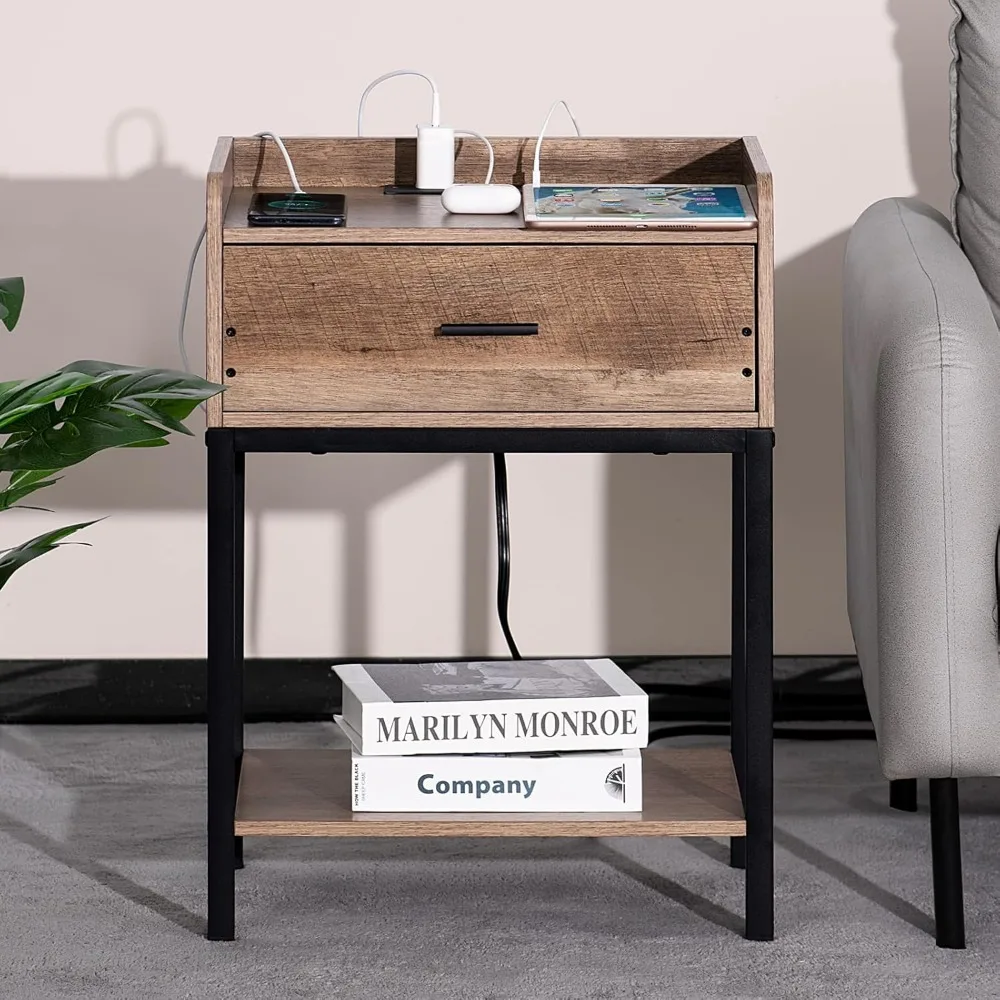 Nightstand with Charging Station and USB Ports, 3-Tier End Side Table with Storage Drawer and Shelf, Modern Bedside Nigh