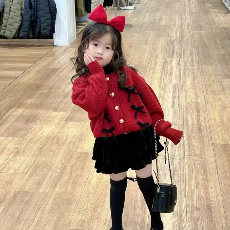 Spring Autumn Girls Red Bowknot Knitwear Cardigan Coat New Style Children Casual Warm Outerwear
