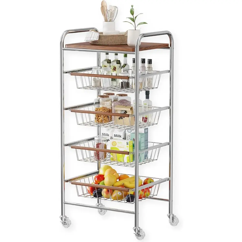 

5-Tier Rolling Cart or Storage and Organization - Heavy-Duty Carbon Steel Storage Trolley with Pull-Out Wire Baskets & Wood Top