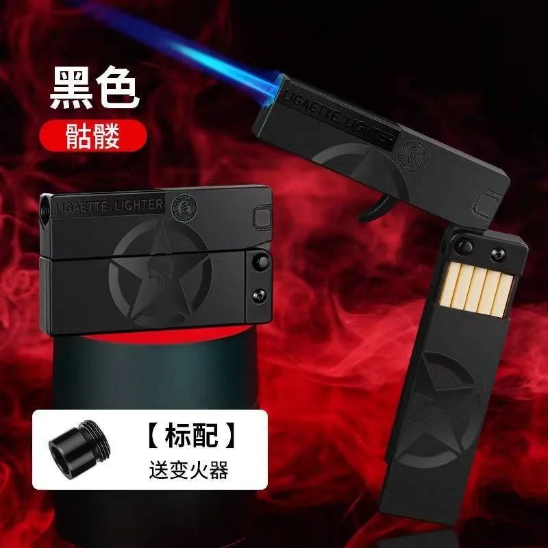 

2-in-1 Creative Folding Gun Type Cigarette Case Butane Gas Lighter 10 Fine Cigarette Packs Windproof Jet Blue Flame Fun Lighters