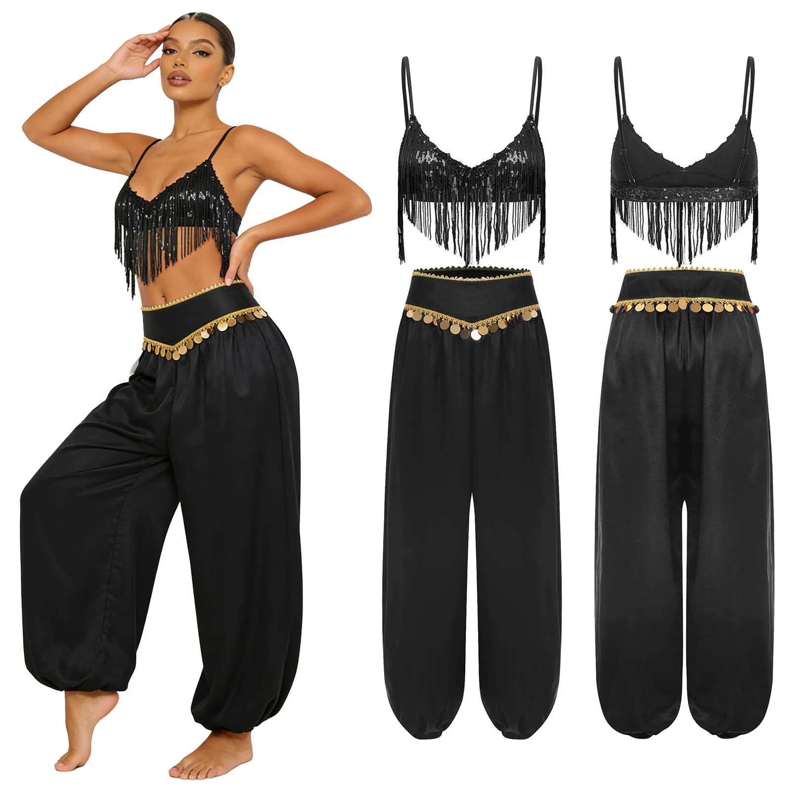 

Womens Belly Latin Dance Party Outfit Set Sequin Tassel Bra Top and Shiny Fringed Harem Pants for Halloween Costume Dancing Show