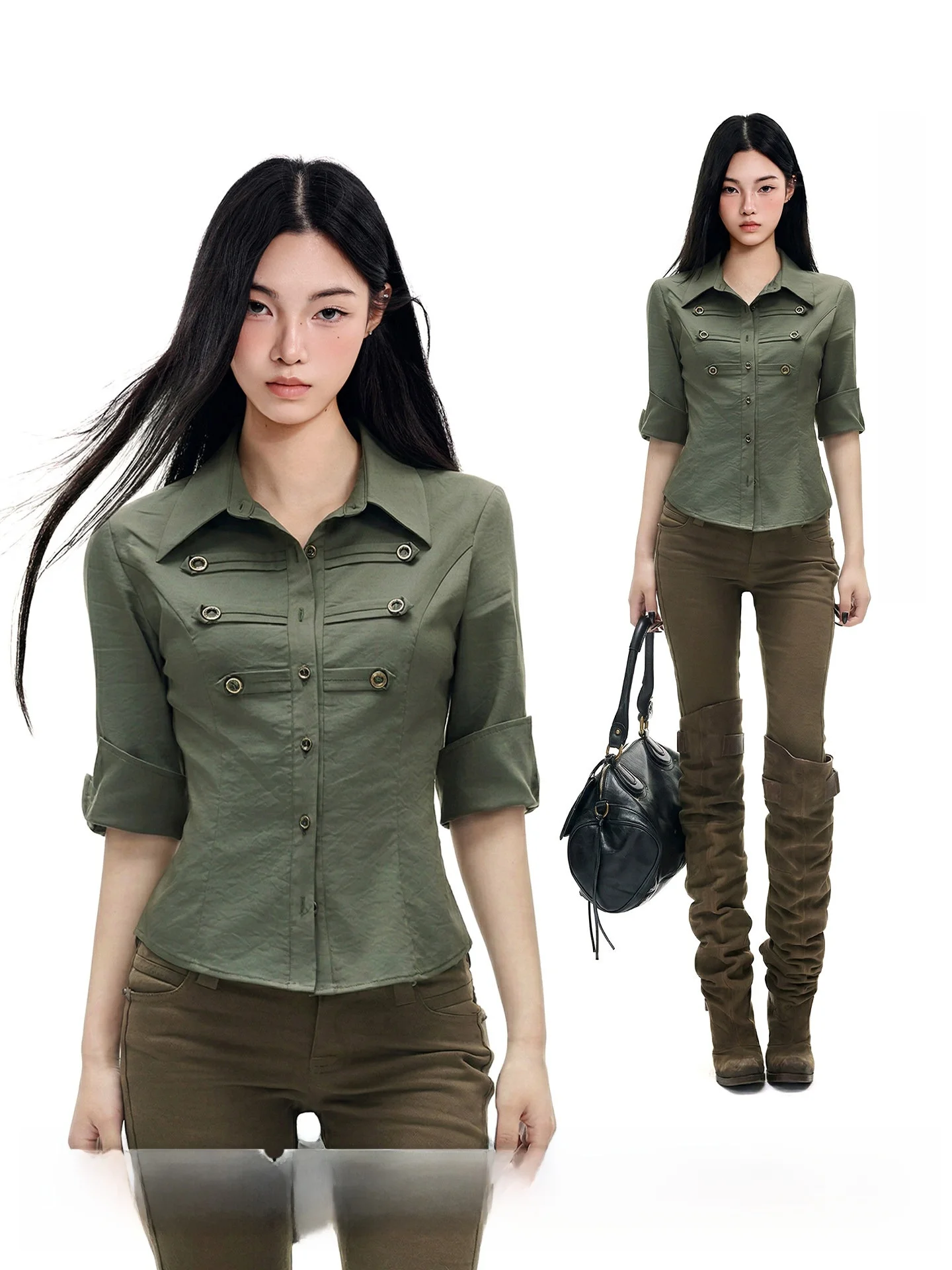 

Женская летняя футболка Slim Fit с коротким рукавом, утягивающая талию, в стиле Hot Girl, цвета хаки, рабочая рубашка UNCMHISEX