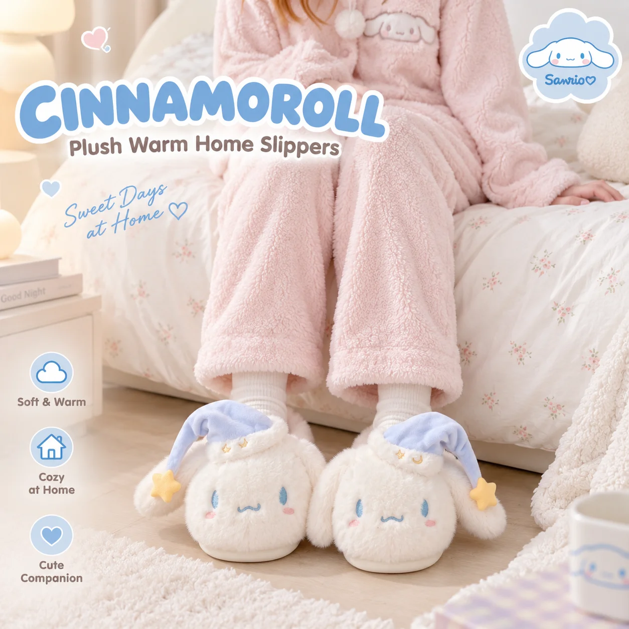 Neue Sanrio Cinnamoroll Schlafhaube, Plüsch-Hausschuhe für Herbst und Winter, warm, für Mädchen, süße Weihnachtsmütze, Halloween-Cosplay-Geschenk, rutschfeste Sohle.