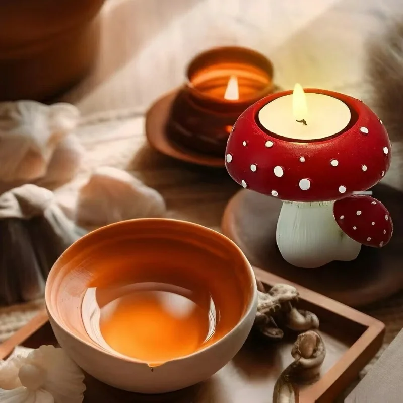 2024 New Simulated Small Mushroom Home Decoration Mushroom Candlestick Mushroom Tea Candle Candlestick Resin Crafts Ornament