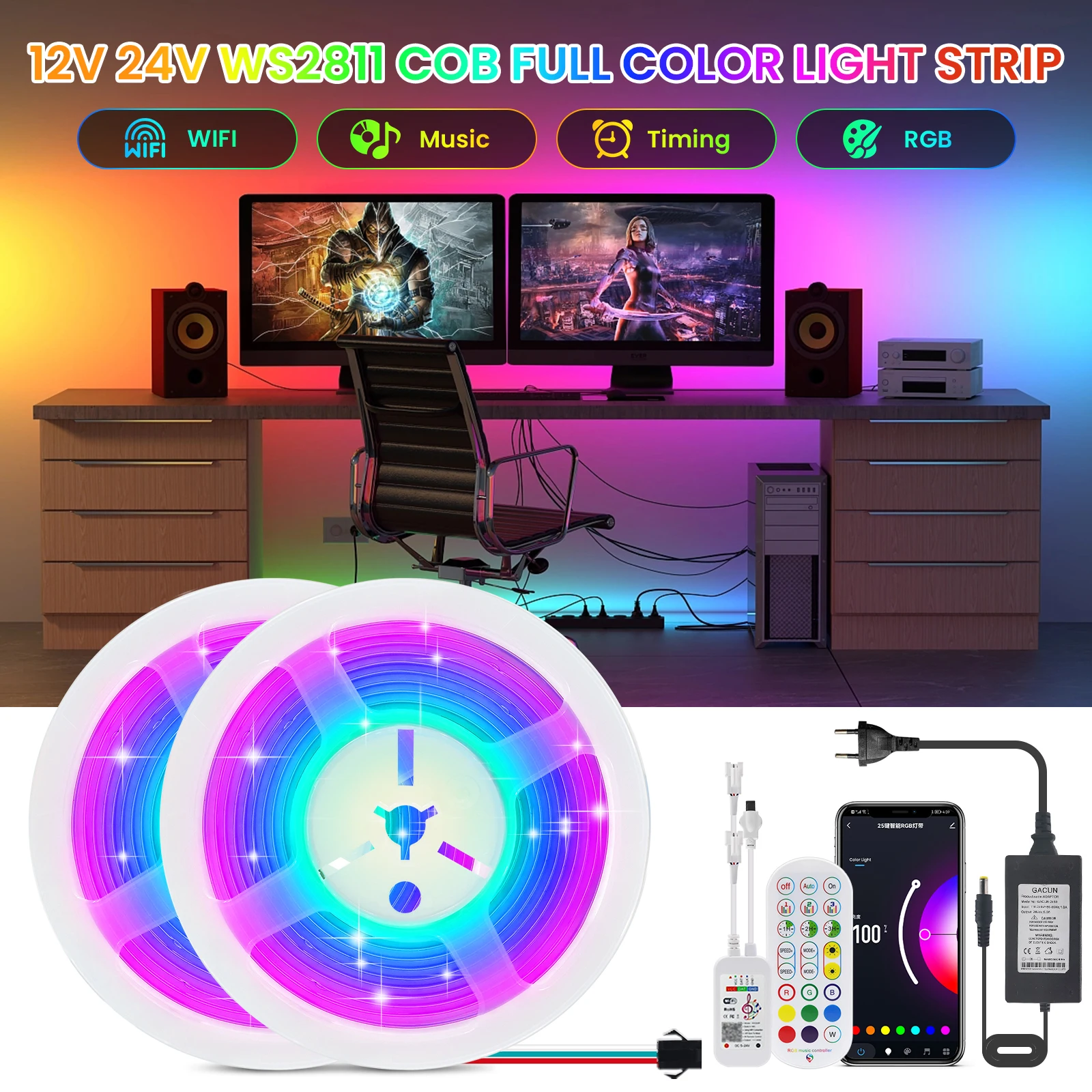 WiFi Bluetooth Control RGB COB LED Strip DC 12V 24V 576LEDs/m TV BackLight WS2811 Flexible Tape Light for Party Room Decoration