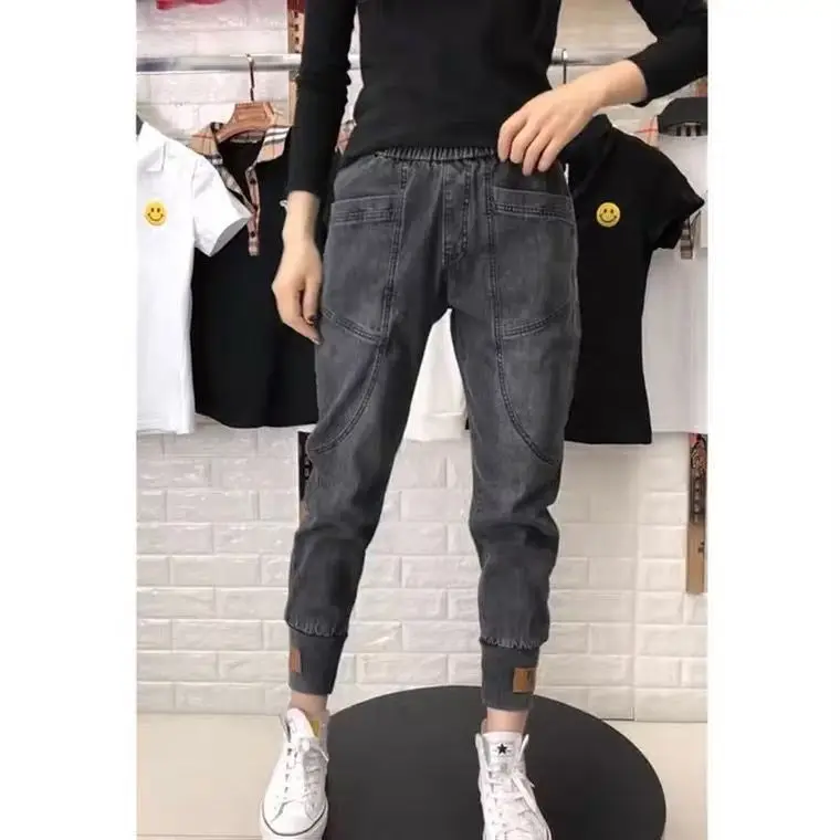 

2023 Elastic Waist Flare Cut Pants Mid-High Waist Denim Trousers Women Loose Slim Harem Pants Casual cargo jeans