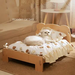 Wooden Elevated Cat Bed Nest Cat Sleeping Pad with Thickened Removable Soft Mat Small Dog Sofa Indoor Furniture Pet Supplies