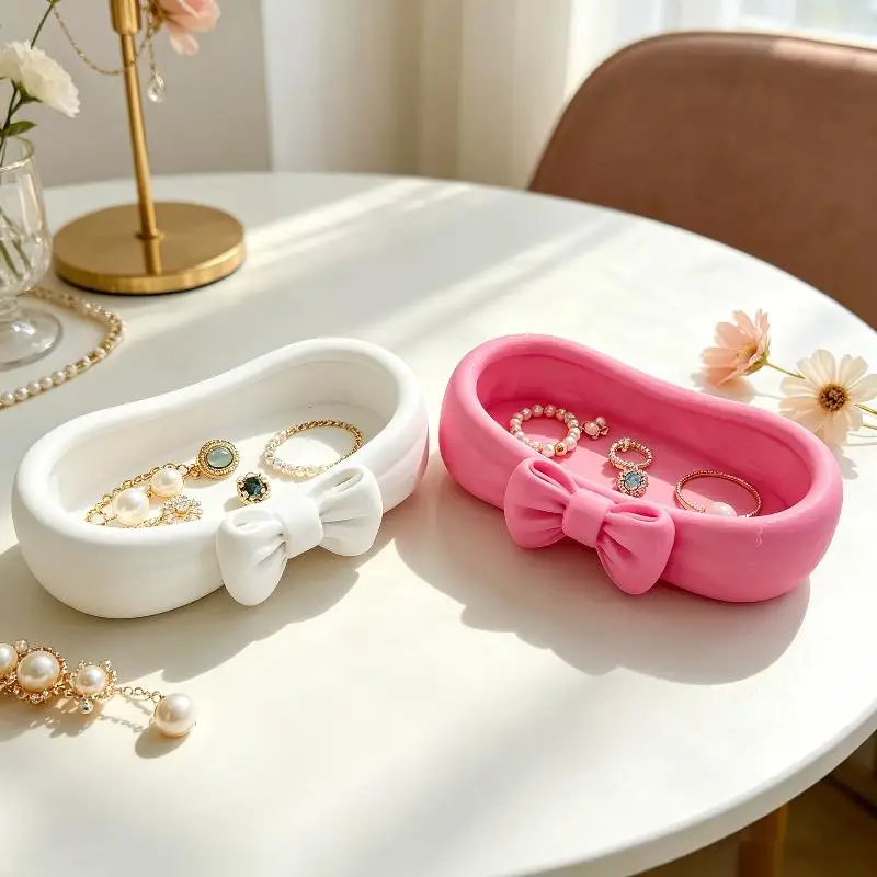 1Pcs Cute Bow Bathroom Desk Organizer Pink Makeup Desk Tray Cute Toothbrush And Skincare Storage Box