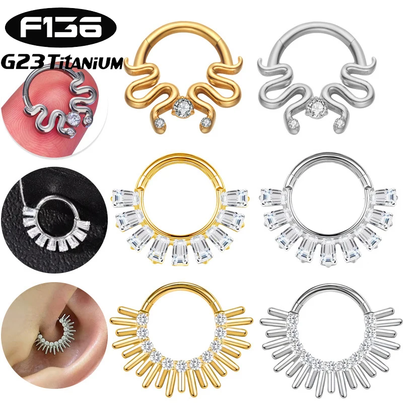 

1PC G23 Titanium Piercing Goth Lobe Jewelry Hinged Nose Ring CZ Clicker Nose Septum Helix Cartilage Daith Conch Hoop Earrings
