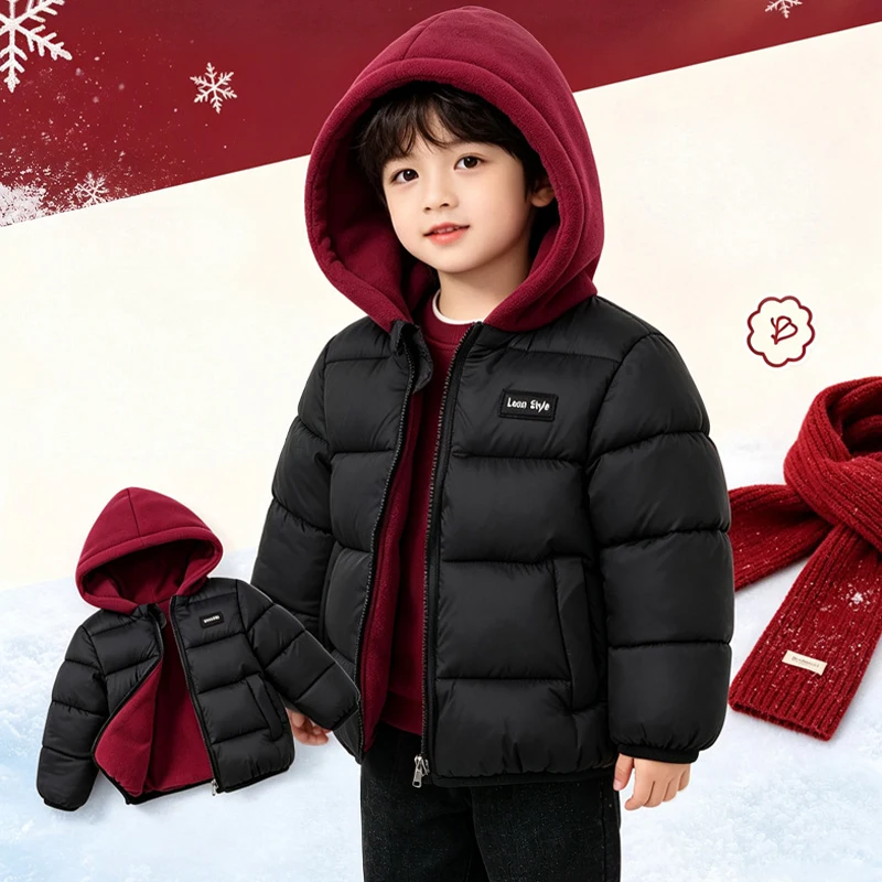 Herbst-Winter Dicke Warme Jungenjacke Beidseitig Tragbar Einfarbiger Fleece-Kapuzenmantel für 2-6-Jährige Kinder Geburtstagsgeschenk – Detail 1