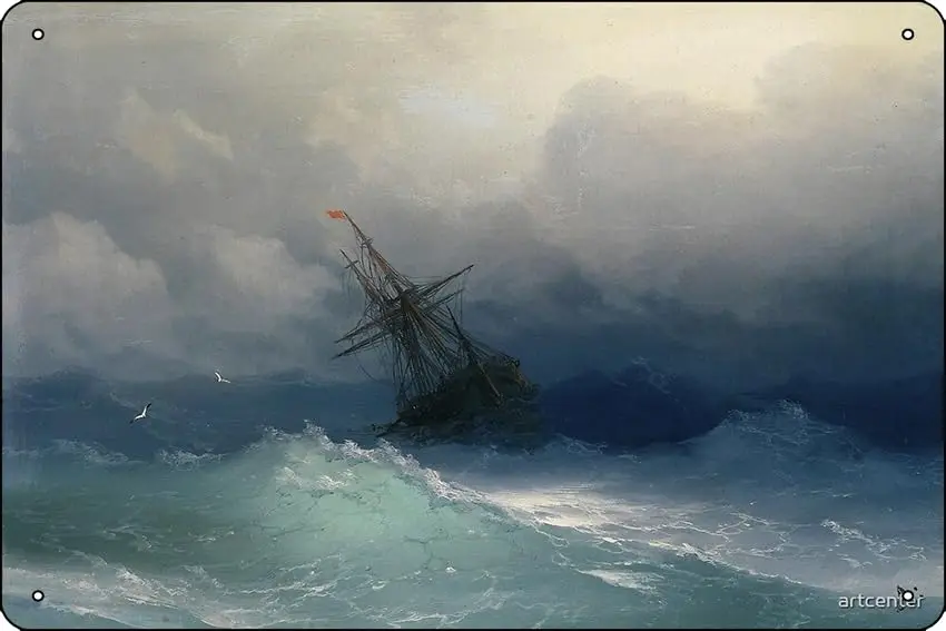 Ivan Ayvazovsky - Ship On Stormy Seas Poster Metal Tin Sign Fun Home Art Wall Decor 8x12 Inch