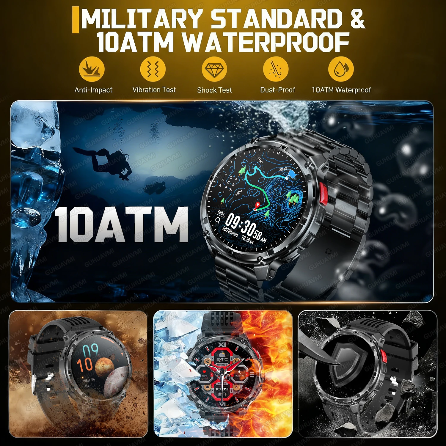 2026 جديد GPS العسكرية في الهواء الطلق 1100mAh بطارية ساعة ذكية الرياضة الرجال 10ATM مقاوم للماء السباحة 1.7 بوصة HD بلوتوث دعوة Smartwatch #2