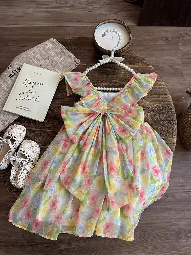 Kids Girls Floral Sleeveless Vest Dress Bowknot 2024 Children Summer Chiffon Baby Girl Princess Dresses