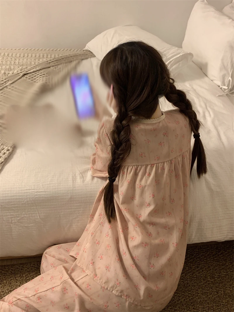 Ladies Korean Vintage Palace Style Sweet Floral Lace Pajamas Homewear Two-piece Set Trendy Long-sleeved Trousers Sleepwear Suit