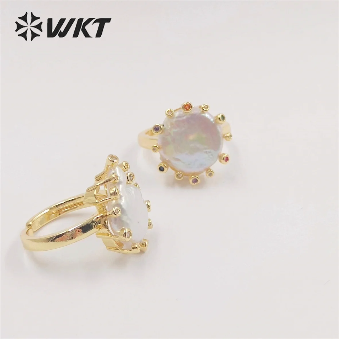 WT-MPR050 Elegant Fashion Gold Cubic Zircon Round Coin Freshwater Pearl Ring INS Hot White Gorgeous Women Anneversarry ACC