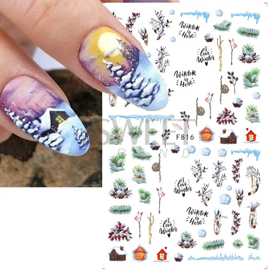 Winter Blue Tree Elk Nail Stickers Snowy Bear Penguin Cute Cartoon Decals 3D Adhesive Slider Manicure Gel Christmas Decor JIF812