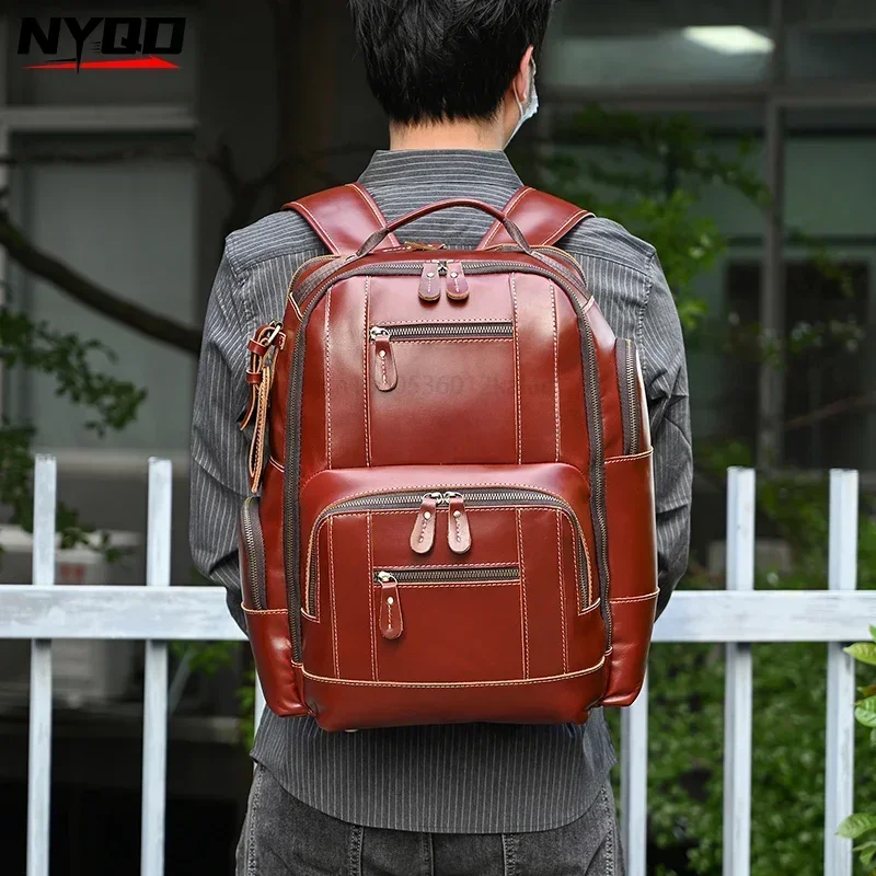 Fashion Men Backpack Vintage Leather Backpack Hot Multifunction Leather School Bag Neutral Large Travel Backpack Daypack Men