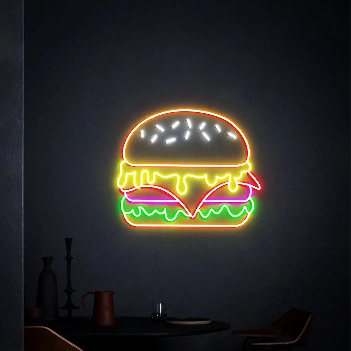 Burger Neon Sign Food Burger Shop Restaurant Wall Art Hanging Game Room Bar Beer Sign Business Store LED Lights Acrylic Bedroom