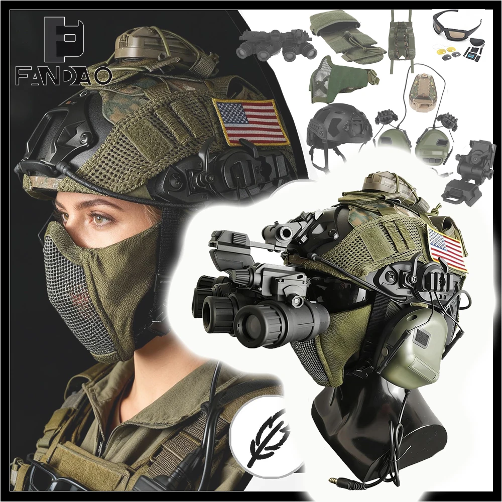 

Tactical Airsoft Helmet Set FAST Camouflage Bump Gear with Half Face Steel Mesh Mask Headphones Signal Lights for CS Paintball