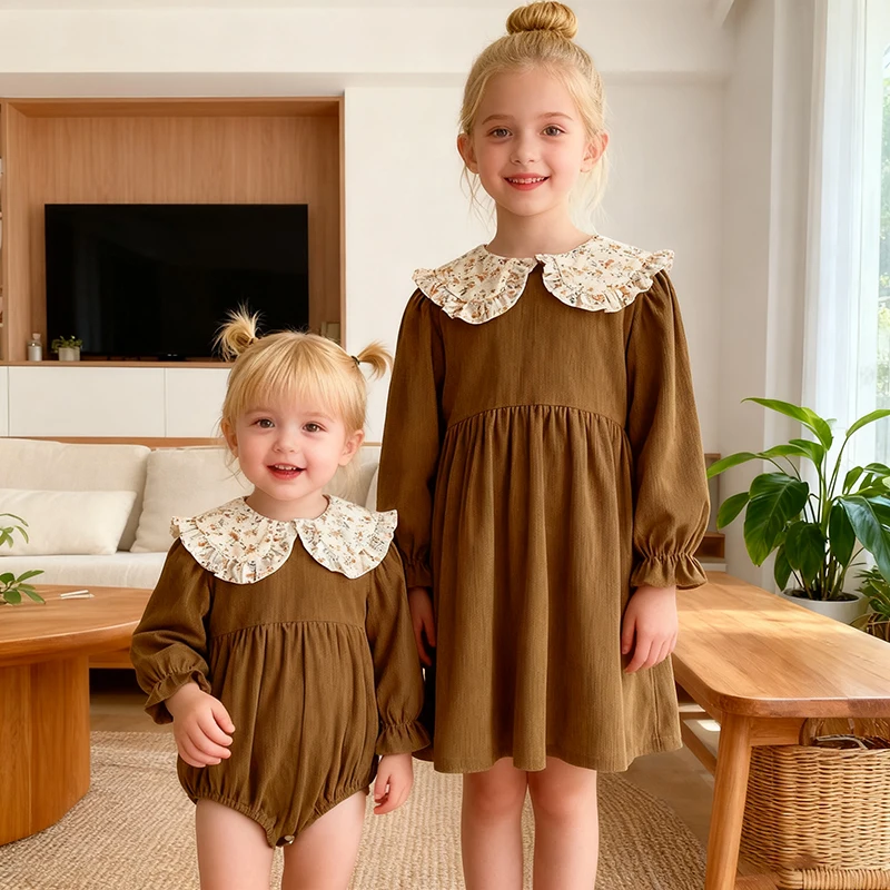 Neue Frühling Schwester Kleidung Säuglings Baby Mädchen Kleid Braun Schwester Kleinkind Baby Bodys Kinder Vintage Blume Prinzessin Party Kleid
