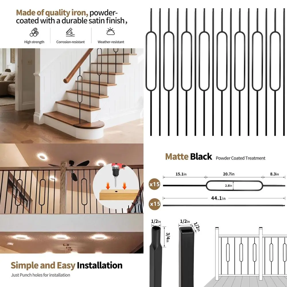 

30pcs 44 Satin Black Iron Balusters for Staircase - 15 Oval & 15 Straight Hollow Metal Spindles