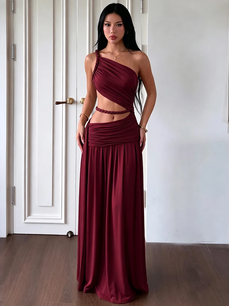 Sisterlinda Rope Patchwork Modekleid für Damen, sexy, hohler, schräger Kragen, gerüschtes Band, ärmellos, elegant, für Urlaub, Party, figurbetont – Detail 12