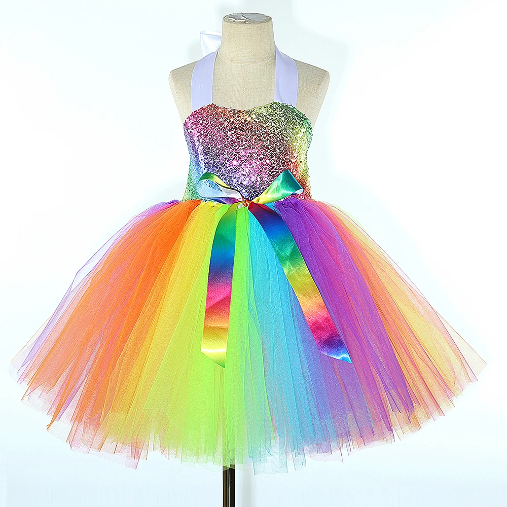 Rainbow Colorful Sequins Tulle Princess Tutu Dress With Glittery Bow Headpiece For Kid Stage Peformance Halloween Birthday Party
