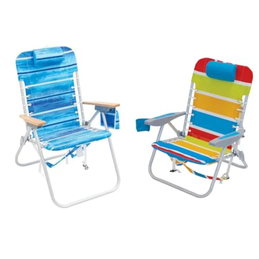 Beach chair for outdoor use, aluminum frame, bright stripe color, 4-position reclining and backpack carry design with lace-up s
