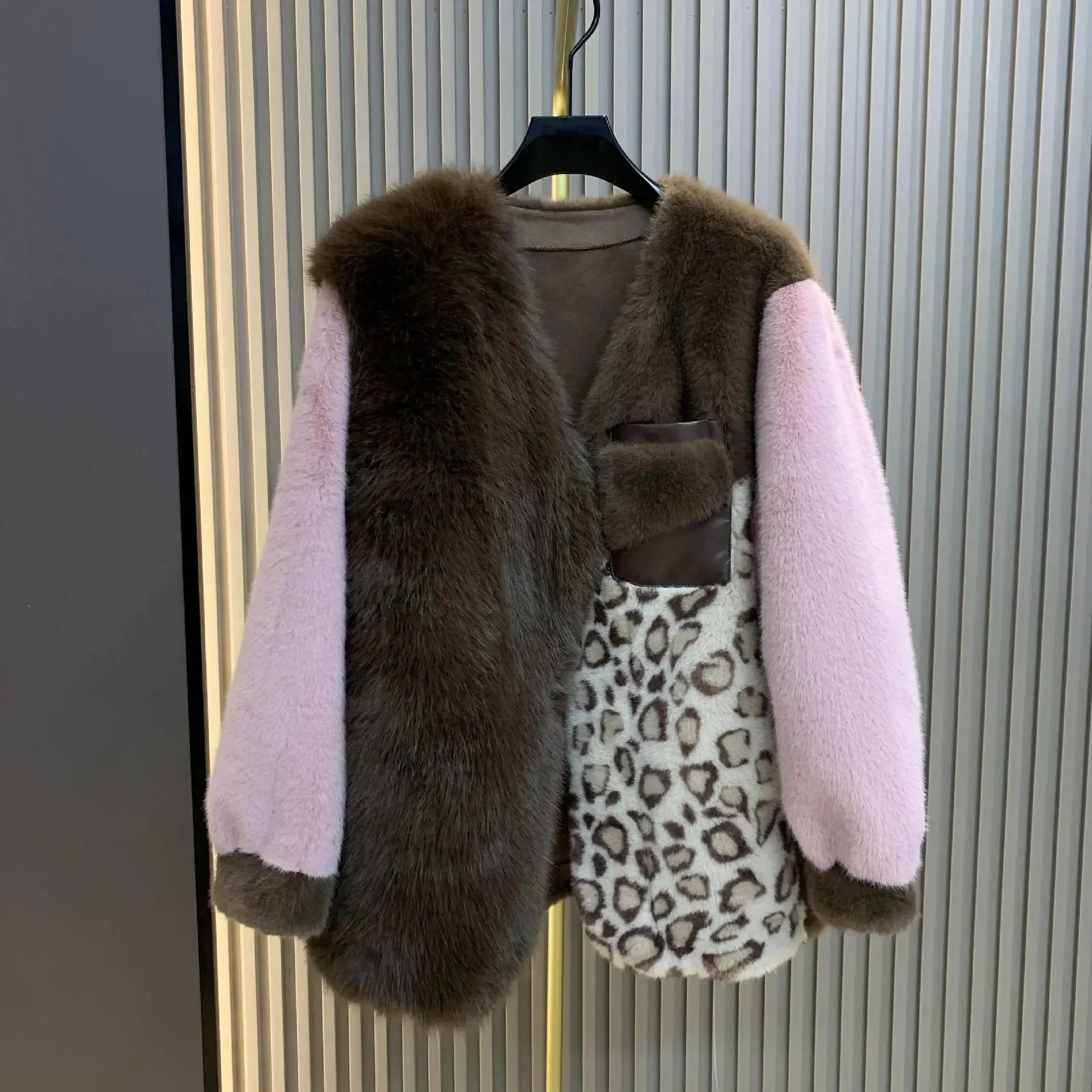 Young Lady European Mink Imitation Fur Coat 2024 New Leopard Print Color Matching Loose Casual Coat Winter Clothes Women