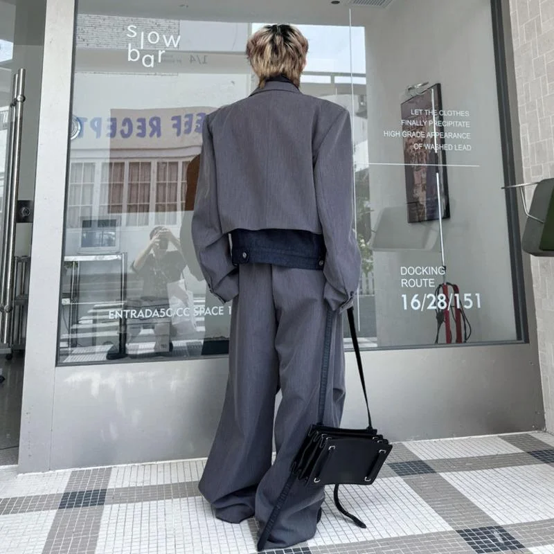 WVGA Spring Autumn New Men's Patchwork Color-Block Trendy Fake Two-Piece Blazer Niche Chic Casual Straight Pants Sets Ins W27770
