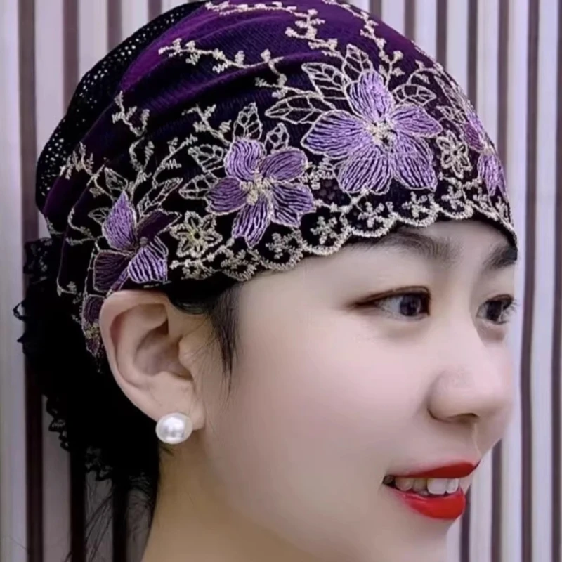 

2026 Women Mother Adult Four Seasons Thin Mesh Flower Embroidery Hat Headband Female Hair Accessories Headscarf New Headwear