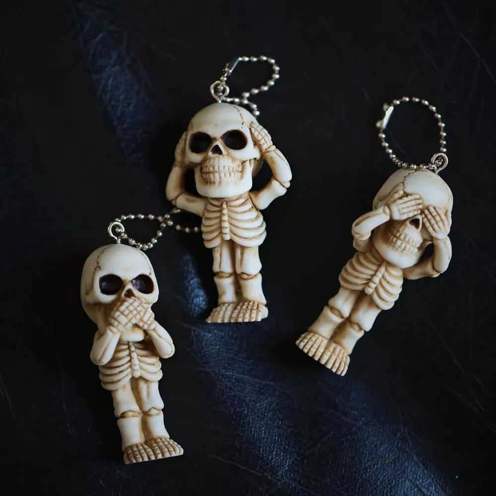 3pcs Creative Skull Sculpture With Key Chain Ornament Do Not Talk Look Listen Skeleton Desk Ornament Statue Decor For Funny Gift