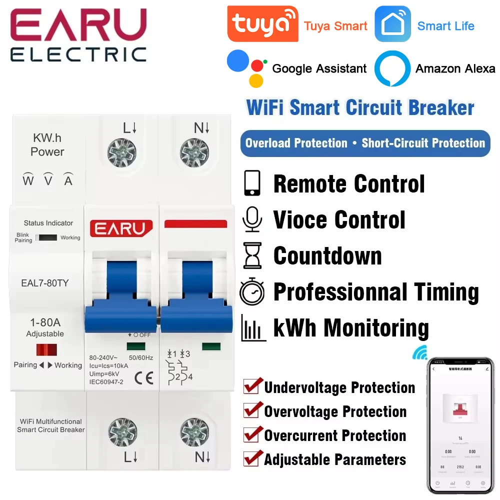 

Tuya WiFi Smart Circuit Breaker MCB AC230V 1-80A Adjustable Energy Meter kWh Over Current Under Voltage Short Circuit Protection