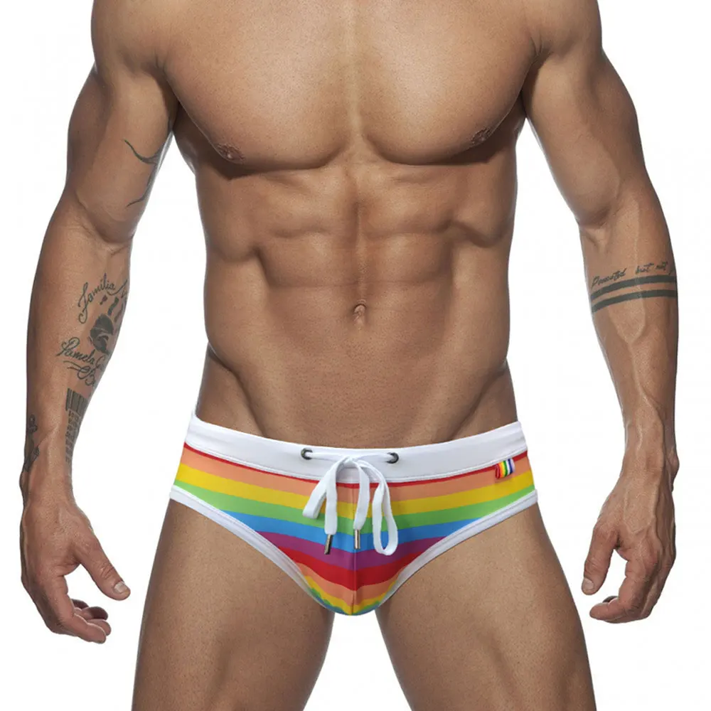 Men's White Swim Briefs Sexy Swimming Pride Day Strips Summer Sport Beach Pants Swimsuit Swimwear Male Bathing  Suilt Surfing