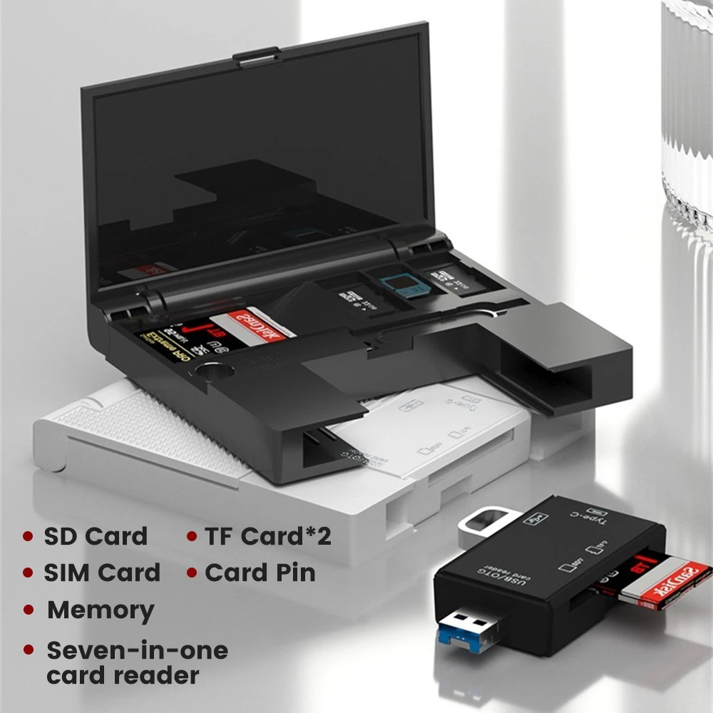 7 in 1 USB 2.0 Card Reader Storage Box SD TF Card Smart Memory Card Case Multifunctional Type C Card Reading Adapter Storage Box